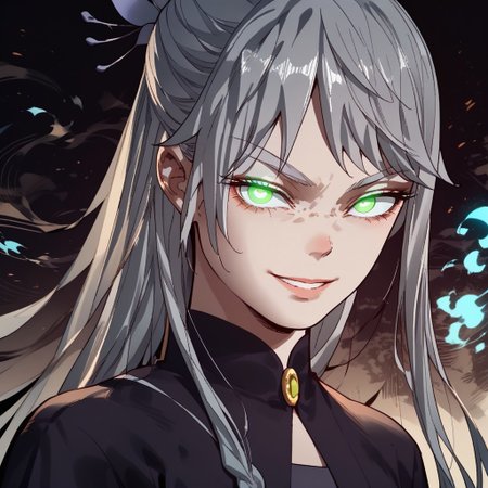 zPDXL3, score_9_up, score_8_up, score_7_up, (Anime_source), 1girl, standing, looking at viewer, smiling, YeLiuli, green eyes, grey hair, long hair, single braid hair, Kimono, black Kimono, flowery dress, blue glowing eyes, sinozick style, dark theme, flat color