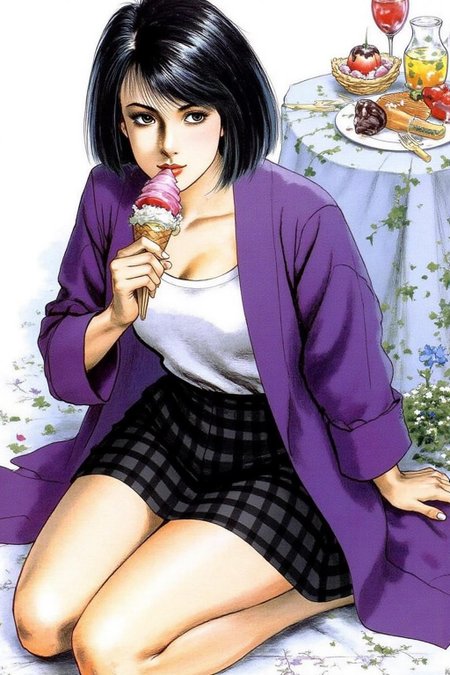 1keryo illustration. A woman, sitting on the ground eating ice cream. She is wearing a purple cardigan and black checkered mini-skirt. <lora:1keryo1_cap_d6a3e12:1.0><lora:826577567478853514:0>