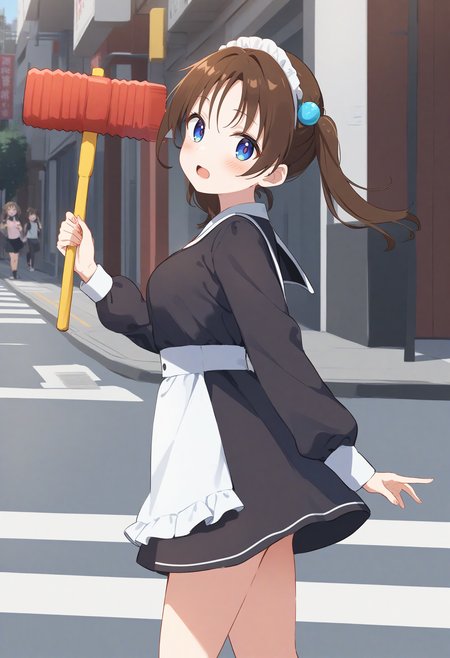 1girl,sincos, ningen mame, toosaka asagi,solo,medium breasts,20yo,maid,maid headdress,
piko piko hammer, toy hammer, holding, <lora:pikopikohammer_XL_v1:0.8>
from side, cinematic angle, looking back, brown hair, gray eyes,disdain, pedestrian crossing, open mouth, short twintails hair,,
best quality, very aesthetic, absurdres