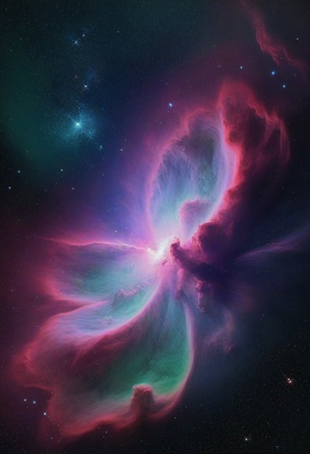 Stunning nebula in space, dynamic colors, purple and green, stars in background, hyper realistic