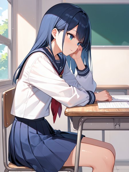 score_9, score_8_up, score_7_up,source_anime, high res image,masterpiece,amazing quality,best quality,ultra-detailed,8K,illustration,CG,shiny hair,clear skin,ultra-detailed-eyes,simple background,cute girl, eyelashes <lora:provocation_pony_V1.0:0.8> provocation, school desk, chair, sitting, school uniform, skirt, shirt, from side