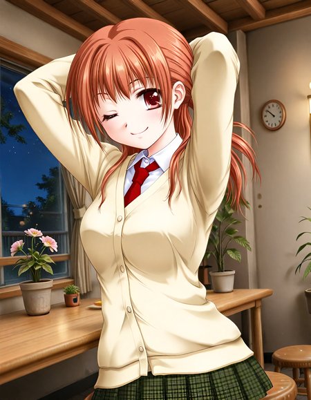 (1girl, solo:1.3), (2girls, 3girls, 4girls, multiple girls, 2boys, 3boys, 4boys, multiple boys:-1.5) <lora:Kazuyagi_Akane_Gore_Screaming_Show_Illustrious:0.9>, Kazuyagi_Akane, large breasts, red eyes, brown eyes, brown hair, long hair, low ponytail, school uniform, cardigan, long sleeves, white shirt, red necktie, pleated skirt, plaid skirt, checkered skirt, white legwear, smile, one eye closed, general, contrapposto, dynamic pose, arms behind head, upper body, from side, pov, dutch angle, (close-up, face focus:1.2), indoors, dining room, cafe table, stool, sitting on stool, window, outdoor view, curtains, plant, potted plant, flower, (perspective:0.7), <lora:NOOB_EPSv1_1_detailer_by_vlnvk_v1_0:1.5>, (photo background:0.7), night, (tachibana yuu:0.6), inue shinsuke, (kazuma muramasa:0.0), saikawa yusa, (aoi manabu:0.6), abarerumidori, (suzui narumi:0.6), masterpiece, newest, absurdres, 8K, anime screenshot, anime coloring, flat color, official art, film grain, <lora:illustriousXLv01_stabilizer_v1.185c:0.7>, <lora:LECO_Solo:-4.0>,