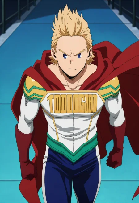 masterpiece, best quality, , anime screencap, anime coloring, official style, looking at viewer, 1boy, solo, male focus, <lora:mirio_toogata_ilxl:1>, mirio_toogata, blonde hair, blue eyes, short hair, spiked hair, bodysuit, superhero, red cape, , ,