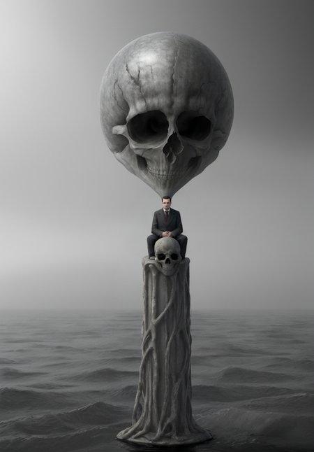 surrealism, a man sitting on top of a giant pillar in the middle of the ocean, anton semenov, skeleton, 3ds max render, inspired by Henry Moore