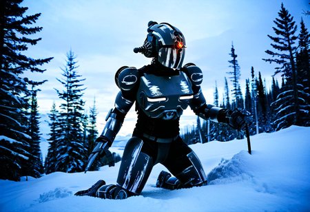easynegative, extremely detailed, dark, chiaroscuro, low-key, AssaultronCosplay, zavy-strps, a white assaultron robot, ((the assaultron has grey stripes painted on its armor)), ((tiger stripe pattern)), in the mountains of Alaska, snow