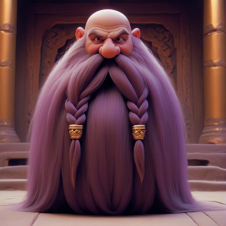 Harry_Dwarf,  dwarf-like character, front facing view,  flowing long golden beard, long braided moustache,bald, violet bangles, <lora:Harry_Dwarf:1>, <lora:add-detail-xl:0.8>,  (film grain), highly detailed, at a temple, looking at viewer