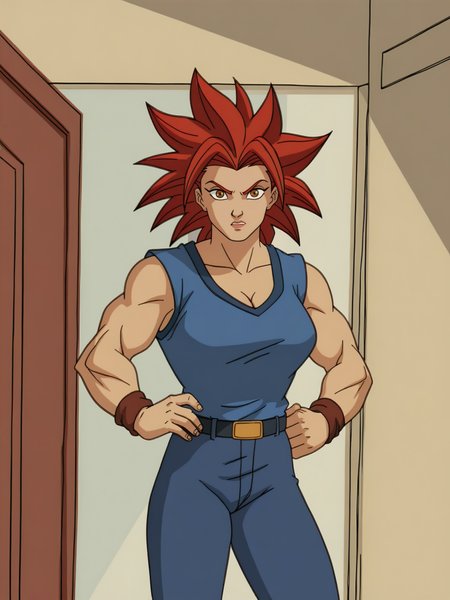 score_9, score_8_up, score_7_up, score_6_up, score_5_up,
1girl, large_breasts, cleavage, solo, red_hair, spiked_hair, blue_shirt, blue_pants, belt, parody, brown_bracelets, indoors, wristband, meme, pants, super_saiyan, sleeveless, standing, looking_at_viewer, cosplay, door, blue_pants, shirt, muscular_female, sleeveless_shirt, scene_reference, retro_artstyle, cowboy_shot, impossible_clothes, 
<lora:personAdventures:1>