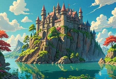 a magical enchanted castle on a cliff dominating a lake, sunny summer day, anime style, inpired ny Hayao Miyazaki, hyper detailed, super intricate, vibrant colors, flat colors