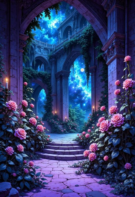 The Nebular Ballroom of the Forsaken Ones
A celestial garden drifting through a nebula, where the walls are translucent and ever-changing, revealing glimpses of dying stars and lost cosmic creatures. Massive silver gears, half-submerged in deep violet ivy, pulse with ancient power, controlling the movement of the celestial bodies above. Dark, sentient roses with glowing blue veins bloom and wither in an endless cycle, feeding off the strange energy in the air. The scent of cosmic dust, electrified orchids, and vanishing dreams fills the room.