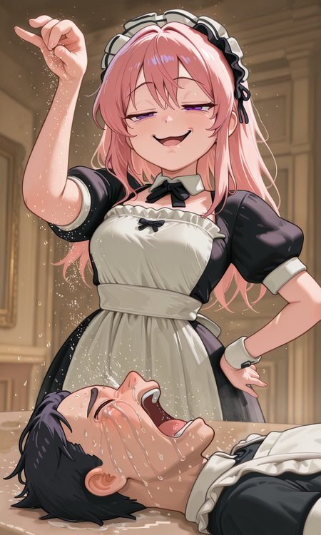 embedding:IllusP0s, g00se, pink hair, purple eyes, maid outfit, smug, sprinkling salt, 1girl, 1boy, open mouth, crying, standing, laying,<lora:sprinkling salt_illustrious.safetensors:1.0:1.0> <lora:g00se_v2_ill.safetensors:0.9:0.9> <lora:CivChan.safetensors:0.8:0.8>