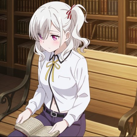 nsfw, masterpiece, best quality,1girl, solo, warlords_of_sigrdrifa_komagome_azuzu, indoor, sitting, read, ribbon, shirt, bench, one side up, neck ribbon, blush, white shirt, white hair, pants, belt, long sleeves, collared shirt, navel, hair between eyes, yellow ribbon, bangs, side ponytail, closed mouth, pink eyes, purple eyes, library, <lora:Komagome_Azuzu_-_Warlords_of_Sigrdrifa:0.7>