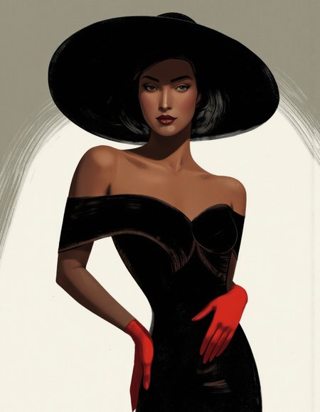 . A stylized portrait of a woman with dark skin, wearing a black off-shoulder dress and a large black hat. the woman, who appears to be in her mid-twenties, is positioned in the middle of the image, with her upper body facing the viewer and her eyes looking directly at the viewer. she has a sultry expression, with dark lipstick and a subtle smirk on her lips. her hair is styled in an elegant updo, and she is wearing red gloves that add a touch of elegance to her look. the background is a simple gradient of light grey to white, creating a striking contrast with the woman's dark skin. the overall style is reminiscent of vintage fashion, with bold lines and vibrant colors that bring out the character's striking features.
