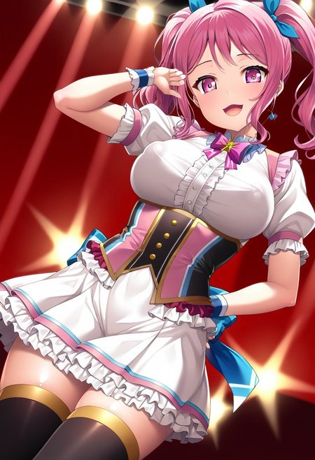score_9, score_8_up, score_7_up, source_anime, anime, BREAK, 
lambda, maruyama_aya, /(bangdream/), 
(cute 1girl), (solo), (large breasts), (medium hair), twintail hair, pink hair, wavy hair, pink eyes, hair ribbon, 
(idle outfit), white shirt, pink vest, short sleeves, puffy sleeves, pink eyes, (frilled:1.8), thighhighs, skirt, covered nipples, 
angle:random, 
(strike a pose:1.3), 
shining light, (live stage:1.8), (growing light),