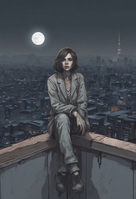 a woman looks like a zombie sitting on the roof, 1 girl, masterpiece, best quality, best quality, full body, bionic skin, pale skin, dead eyes, bionic face, blank stare, scars, blood, damage, hairs, cry, finely detailed, extremely detailed CG unity 8k wallpaper, night sky with stars and moon, empty city