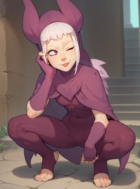 score_9, score_8_up, score_7_up, 1girl, solo, <lora:NoraWakfu:0.9> norawakfu, white hair, purple eyes, hood, horns, cloak, fingerless elbow gloves, bodysuit, cape, smile, tongue out, one eye closed, squatting, spread legs, toeless legwear, hands on own leg