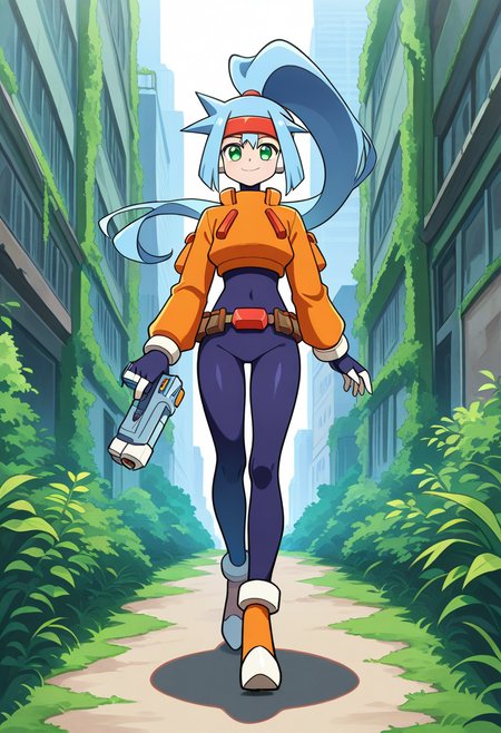 1girl, solo, ashemmzxa, blue hair, long hair, high ponytail, headband, green eyes, robot ears, bodysuit, crop top, long sleeves, white bracelet, belt, high heels, holding pistol, outdoors, old city, vegetation, overgrown, smile, straight-on, walking, looking at viewer,