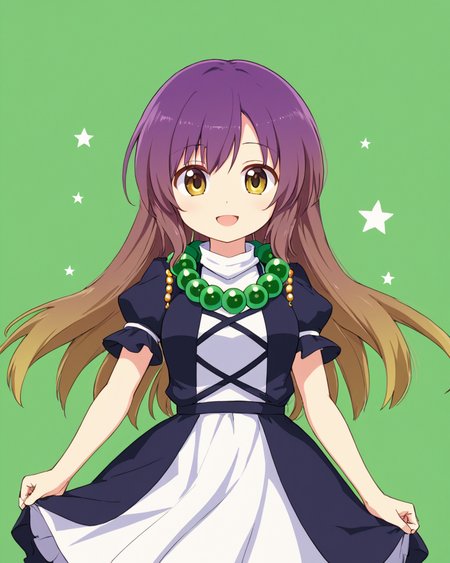 hijiri byakuren,1girl, solo, open_mouth, smile, necklace, layered_dress, simple_background, skirt_hold, looking_at_viewer, beads, ajirogasa, puffy_short_sleeves, white_dress, green_background
<lora:hijiri_byakuren_image2907_2023-12-20:1>,star-shaped_pupils,symbol-shaped_pupils,. gorgeous,key visual, vibrant, studio anime,award-winning, professional, highly detailed,high budget, cinemascope