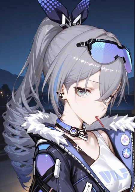 masterpiece,best quality,amazing quality,<lora:bms07sty:1>,bms07sty,
1girl,looking at viewer,night,upper body,silver wolf \(honkai: star rail\),