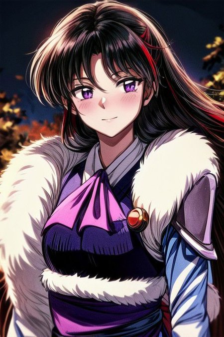 masterpiece,  best quality 1girl Setsun4 solo long hair,  (night time) forest background black hair very long hair purple eyes multicolored hair armor (fur trim) (medium body),<lora:EMS-179-EMS:0.800000>,<lora:EMS-293862-EMS:0.800000> bow, hair_bow, hair_tubes, red_bow, brown_hair, long_hair, bangs, ascot, frilled_bow, yellow_ascot, blush, smile, hair_between_eyes, athletic, armor, miko