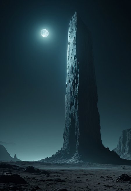 surface of a desolate moon, observing an immense alien monolith thatas emitting an eerie, pulsating light. cinematic. still, artistic.
