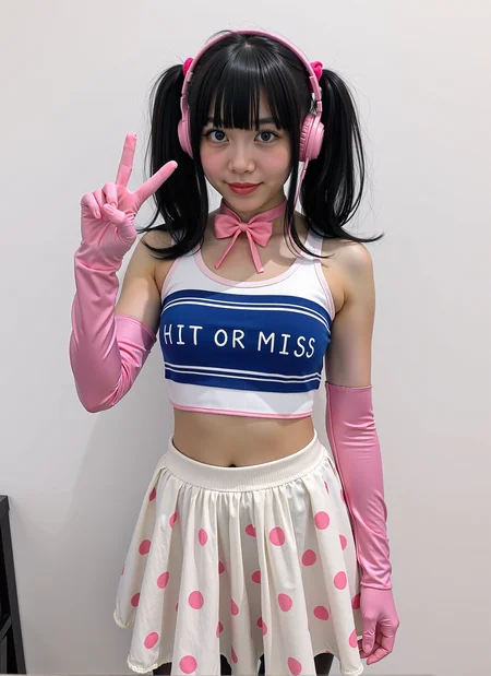amateurish photo, EMIRU, a woman wearing white pleated skirt with pink dots, long sleeved pink silk gloves, a white crop tank top with a blue band across it and written "HIT OR MISS" on it,belly visible, shiny jet black hair with ponytails, a pink headset with a bowtie on it, dark blue eyes, black stockings, she is doing the "V" hand sign with her left hand, white background  <lora:UltraRealPhoto:1>  <lora:Flux.Emiru2:1>