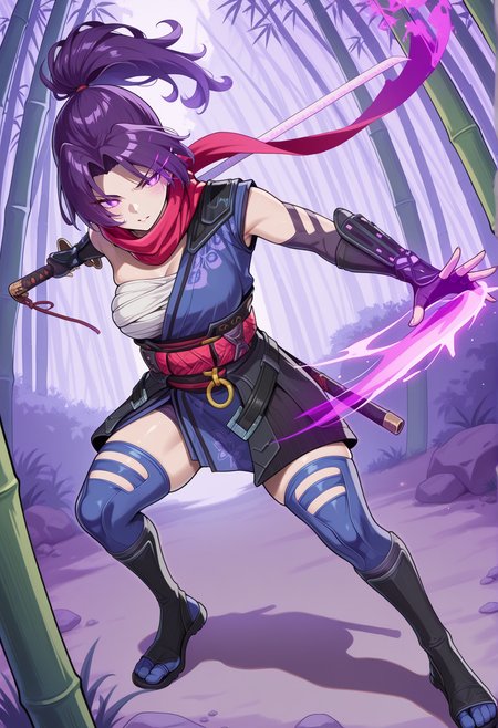 1girl, high ponytail, purple hair, purple eyes, glowing eyes, ninja, sleeveless, scarf, asymmetrical clothes, japanese clothes, chest sarashi, obi, o-ring, gauntlets, fingerless gloves, thighhighs, toeless footwear, tabi, full body, outdoors, bamboo forest, holding katana  <lora:Weeb_psylocke:1> fighting stance,, masterpiece, best quality, amazing quality, very aesthetic, absurdres, highres, newest