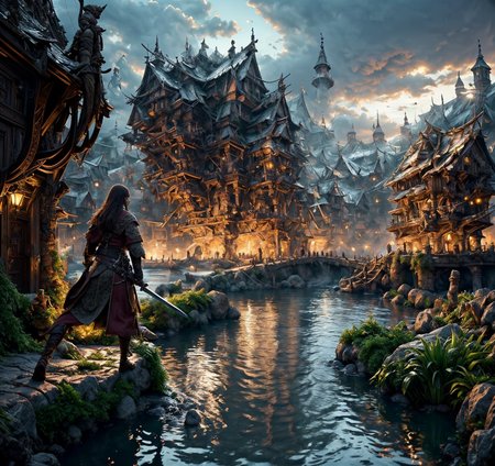 RAW photo, (masterpiece:1.3), subsurface scattering, heavy shadow, (high quality:1.4), (intricate, high detail:1.2), professional photography, HDR, High Dynamic Range, realistic, ultra realistic, photorealistic, high resolution, film photography, ambient lighting, atmospheric effects, <lora:detail_slider_v4:2>, OverallDetail,  <lora:Laketown:1>, 1girl, brown hair, building, flower, laketown, outdoors, plant, scenery, sky, smoke, sword, tree, water, watercraft, weapon, lake