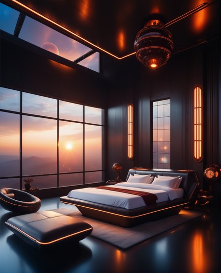 masterpiece, high quality, a reij-ebsu bed room, retro sci fi steampunk, sunrise shine, fireplace  <lora:ebony sunset-000001:0.9>