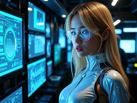 Extreme photorealistic depiction of a female hacker in a cybernetic network hub, surrounded by advanced computer systems and holographic data streams. She is wearing a sleek, alloy plating cybernetic suit embedded with cybernetic enhancements, and her blonde hair is partially illuminated by the various screens and floating holograms. The environment should feel realistically futuristic and dense with digital information, with glowing data cables and interfaces interweaving throughout the space. Highlight the contrast between her calm demeanor and the complexity of the cybernetic hub.

a subtle, integrated communication system in her head or neck, with tiny speakers and microphones for direct interaction.a form-fitting, adaptive fabric bodysuit that covers parts of her body, adjusting its texture and rigidity based on her needs.Introduce subtle, bioluminescent vein-like structures that run through her mechanical components, pulsing gently with a soft glow.Integrate glowing, circuitry-like patterns onto her metallic parts, that light up and pulse.

Lowering her futuristic glasses slightly, looking over them with a raised eyebrow and a questioning expression.