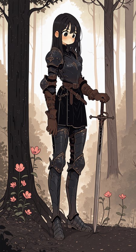 masterpiece,best quality,amazing quality, 
1girl, solo, planted sword, long hair, black hair, black eyes, blush, standing, holding, hand on hilt, holding sword,
gloves, boots, belt, sword, armor, shoulder armor, brown gloves, breastplate, armored boots, greaves, knight,
full body,
outdoors, nature, forest,flower, planted, tree, Flatline, Flat vector illustration,
rapscallionstyle <lora:ponyv6_noobE11_2_adamW-000017:0.3> <lora:mon_monmon2133:0.6> <lora:114558v4df2fsdf5:1> <lora:checkpoint-e18_s306:1.3> <lora:Rapscallion_Illustrious:0.7>