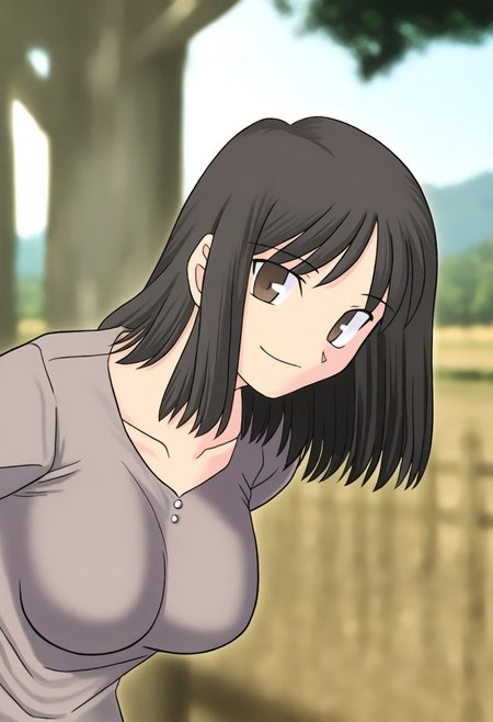 masterpiece, best quality, <lora:Tsukihime NXL:1>,solo,masterpiece, best quality, 
1girl, female focus, large breasts,  solo, brown eyes, thin brown highlights in hair, black hair, thin blonde highlights in hair, medium hair,wavy hair, hair part, side part, hair slicked back, small mouth, short nose, small nose, cute face, soft hair,
outdoor, farm, sunny day, head tilt, hands behind back, leaning forward, quarter view,  innocent smile, cheerful feeling, feminine, girlish, cute