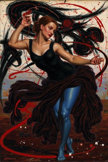 williamhhunt1 painting. 
A surreal painting of a graceful female dancer in a dynamic pose, wearing a minimalist black outfit. Her body is illuminated with a blend of blue and warm tones, contrasting against a chaotic and abstract background of bold, sweeping strokes in black, white, and deep red. Red splatters and sharp, curving lines add energy and tension to the composition, creating a balance between elegance and raw, expressive movement. The overall mood is vibrant and dramatic, with an emphasis on fluidity and strength.  
 <lora:williamhhunt1_cap_d6a3e9:1.0><lora:838089668969910527:0>