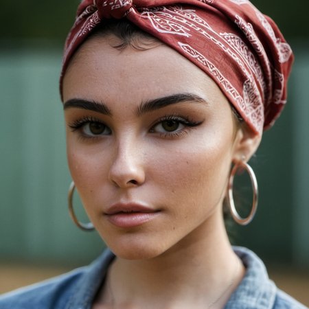 (Skin Texture, pores, natural,iPhone,RAW) Portrait photo of a woman wearing a bandana, glossy lips, Nikon Z9, realistic matte skin, skin texture visible, (sharp focus), (high quality),    <lora:mabeer_xl_1_standard_merger_19_29_48_98_03_03_02_02:1>