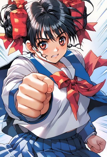 ASCII 1girl,<lora:pony_xl_narusawa:0.8>,narusawa,score_9,score_8_up,score_7_up,source_anime,black hair,
solo,
looking at viewer,school uniform,long sleeves,vest,pleated skirt,plaid skirt,socks,loafers,cowboy_shot,
serafuku,fighting_stance,
cute,
<lora:rushpunchXLpony002>,
rushpunch,punching,multiple hands,fists,clenched fists,(motion_blur:1.2),(motion line:1.1),speed_lines,