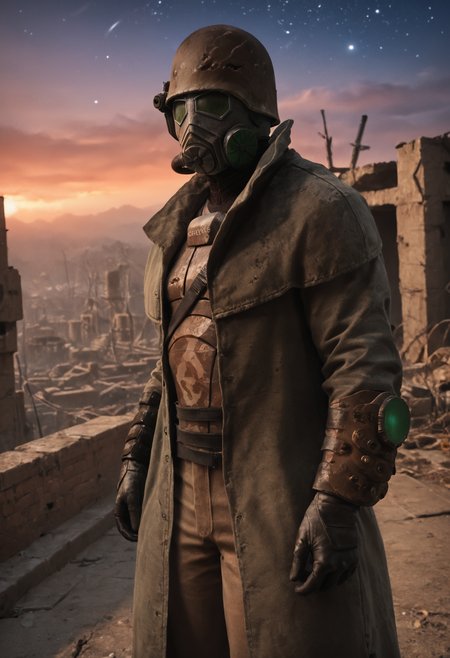 (score_9, score_8_up:1.1), score_7_up, realistic photograph
d3sertranger, helmet, 1boy, (muscular), black gloves, gas mask, front view, night starry_sky sunset city ruins, <lora:desert_ranger_v1.1.6_pony:1>