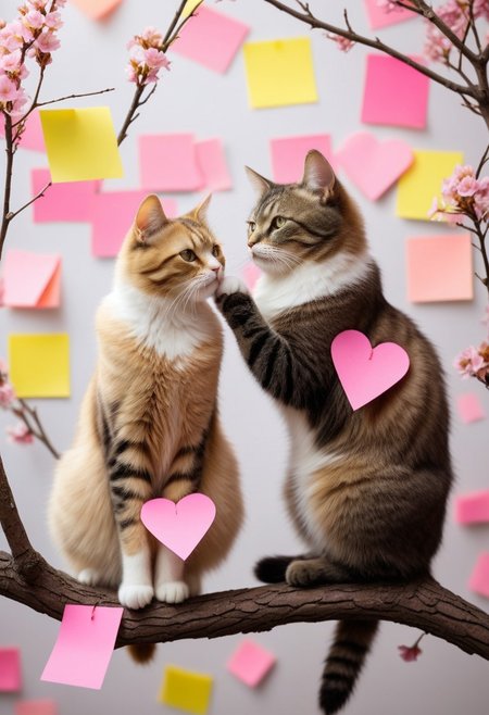 masterpiece, best quality, absurdres, cats made of sticky notes sitting on a tree branch, facing each other in an intimate and harmonious pose. They are surrounded by delicate, blooming branches with small flowers, adding a serene and romantic atmosphere. The background is softly blurred, focusing the viewer's attention on the cats and their interaction. The lighting is soft, emphasizing the texture of their fur and the gentle ambiance of the scene. pink heart in front of them, Jed-StickyN