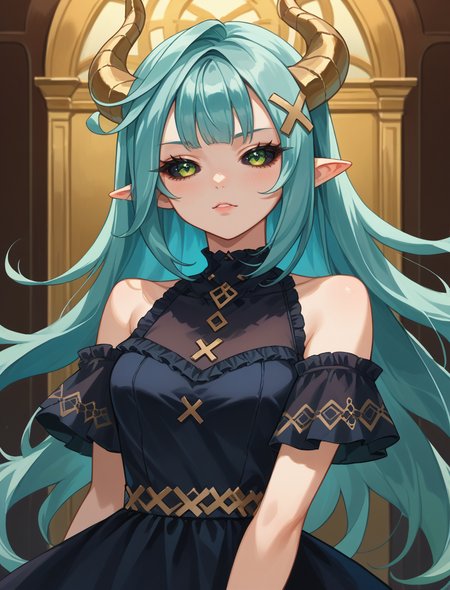 score_9, score_8_up, score_7_up, source_anime, <lora:wrenchGIFruzanCafe-000009:1>, wrnchgifrzncafe, long hair, green eyes, x hair ornament, aqua hair, 
female, demon, horns, (caprine horn:1.1), black dress, jewelry, off shoulder, bangs, black sclera, humanoid pointy ears, cowboy shot, gold_horn,