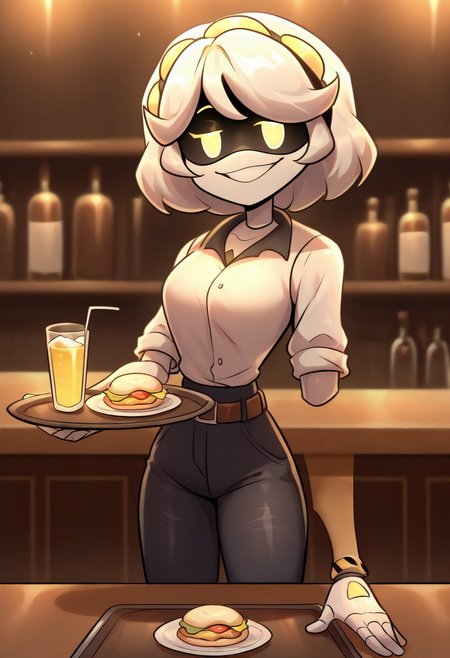 (masterpiece, high quality, highly detailed, best quality), SD-V, 1girl, solo, robot girl, humanoid robot, robot joints, hairband, short white hair, yellow eyes, solid circle pupils,
waitress, cafe, night, tray in hand, bent arm, white shirt, black jeans, skinny jeans, belt on waist, round tables, tables in the background, smile, half-open eyes, drinks on a tray, bar counter, food on tables
looking at viewer
