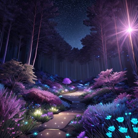 Colorful bioluminescence plants in forest, crystals and glowing path, fireflies, Pandora planet at night, blue and pink glow, epic landscape in background, hazy planet in the sky, galaxy and stars in the sky, rim light, volumetric light, colorful, contrast, breathtaking, scattered mist, night, ultra high definition computer render, unreal engine, ISO 0,