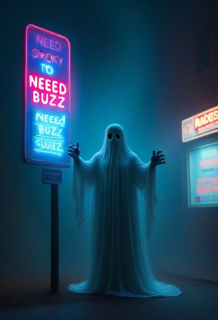high quality,masterpiece,ultra-high resolution,incredible composition,extremely, eerie spooky ghost, buzz, holding a spooky neon sign that says "NEED BUZZ," smokey misty atmosphere