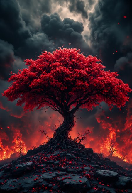 breathtaking long shot scenic professional photograph of This image is a digital artwork depicting a majestic tree with vibrant, red foliage against a dark, stormy background. The tree, centrally positioned, has a thick, twisted trunk that branches out into a wide, lush canopy of leaves. The leaves are a vivid, almost fluorescent red, contrasting starkly with the surrounding dark tones. The bark of the tree is textured and detailed, with deep grooves and ridges that add to its rugged appearance. 
Scattered around the base of the tree are fallen red leaves and branches, which are depicted with a sense of motion, as if they were caught mid-air during a strong wind. The ground beneath the tree is a deep, rich red, matching the color of the leaves, and is scattered with more fallen leaves and twigs. 
The background is a dramatic, dark sky with swirling, turbulent clouds in shades of black and dark red, giving the impression of an intense storm or sunset. The sky merges with the ground, creating a seamless transition that enhances the sense of depth and drama. The overall style is surreal and fantastical, blending elements of fantasy and nature in a highly stylized, almost abstract manner.
 <lora:detailed_v2_flux_ntc:2> <lora:aidmaMJ6.1v0.4:1> <lora:aidmaFLUXpro1.1:1>, glow effects, godrays, Hand drawn, render, 8k, octane render, cinema 4d, blender, dark, atmospheric 4k ultra detailed, cinematic, Sharp focus, big depth of field, Masterpiece, colors, 3d octane render, 4k, concept art, trending on artstation, hyperrealistic, Vivid colors, extremely detailed CG unity 8k wallpaper, trending on CGSociety, Intricate, High Detail, dramatic, perfect viewpoint, highly detailed, wide-angle lens, hyper realistic, with dramatic sky, polarizing filter, natural lighting, vivid colors, everything in sharp focus, HDR, UHD, 64K . award-winning, professional, highly detailed