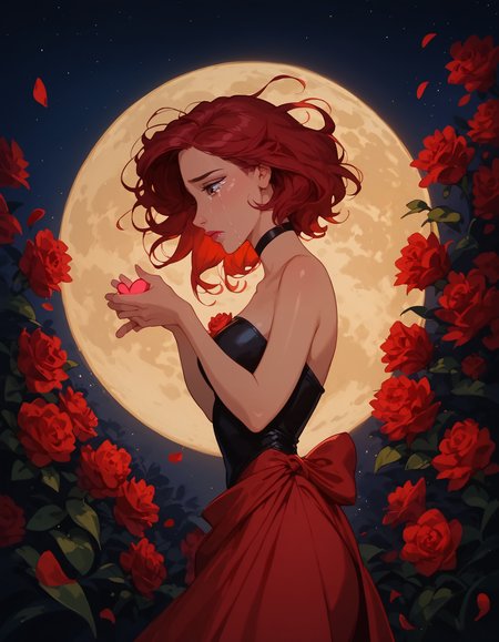 <lora:Disney_Style:.9> <lora:princess_xl_v2:.75> <lora:add-detail-xl:.9> <lora:g0th1cPXL:.3> <lora:Cherry-Gig:.45> <lora:Expressive_H:1> <lora:PLASTT_PonyV6:1>  score_9, score_8_up, score_7_up, zPDXL, DisneyRenstyle, score_9,score_8_up,score_7_up,score_6_up, scenic balcony, night, moon, moon light, (red flower petals floating behind girl, floating rose petals behind girl, romantic), (((standing, 3/4 view, side view, side profile))), 
1girl, attractive 18 year old, red hair, short hair, messy hair, brown eyes, (((sad expression, tears, heartbroken))),  (((hand on heart, clutching heart, looking down))), (solo), (black leotard:1.2, high neck), (red sarong, red boots, black choker), (((holding red flowers by side, hand down, arms down))), shiny skin, perfect reflection, small hips, slender, hourglass figure, attractive, shiny skin, perfect reflection, small hips, slender, perfect face, perfect hands, g0thicPXL, Expressiveh, 
score_9, score_8_up, score_7_up, depth of field, realistic shadow, motion lines, Expressiveh, realistic, dramatic lighting, beautiful, animation, sharp focus, award winning, masterpiece,  dynamic, cinematic lighting, great attention to skin and eyes, breathtaking, exquisite, exceptional,
