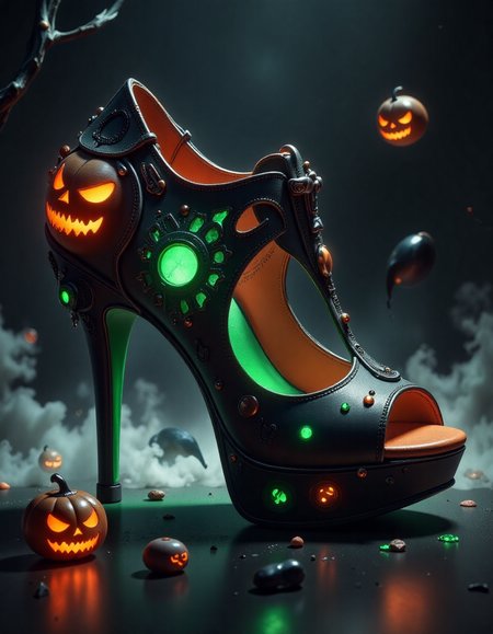 spooky halloween , a green and orange  high heel shoe, in the style of hall0w33n