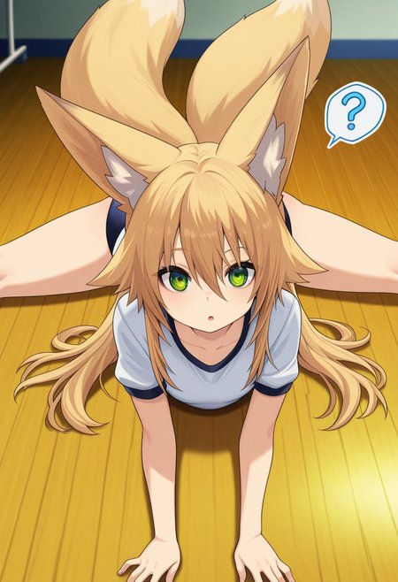 masterpiece,perfect quality,best quality,absolutely eye-catching,absurdres,highres,newest,anime coloring, anime screencap,(1girl,solo), Kokonoe_Tsubaki, green eyes, long hair, flat chest, fox ears, (fox tail), gym uniform, buruma, t shirt, ((splits, lying, on stomach, stretching)), looking at viewer, (confused, :o, parted lips, spoken question mark), school gym, wooden floor, indoors, (from above),