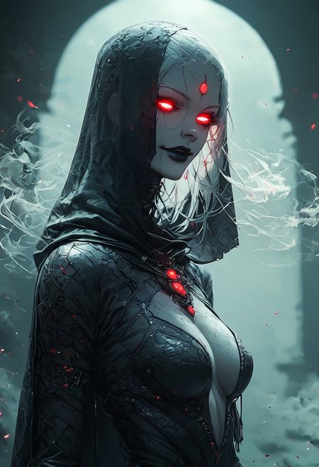 score_9, score_8_up, score_7_up, 1girl, solo, translucent skin, transparent skin, ghost body, ghost effect, black lipstick, white glowing eyes, (white long hair), breath steam, smoke effect, goddess, hourglass figure, full body veil, metal veil, hood up, jewellery, slutty Smile, skank, slutty, seductive, medium breasts, large ass, thigh gap, portrait, ass focus, back view, Expressiveh, sinozick style, flat color, dark theme, hkevil