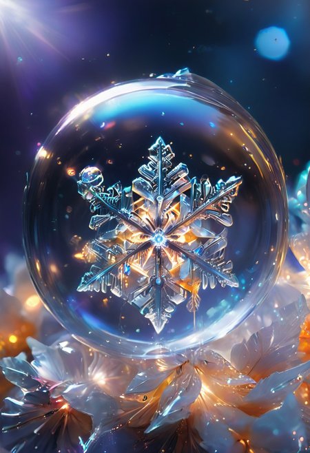 (high quality), (masterpiece), (detailed), 8K, An award-winning glowing snowflake, encased in a perfectly transparent glass bubble, floats delicately within a surreal winter setting. Its intricate, symmetrical crystalline patterns radiate a mesmerizing, golden luminosity, blending warm hues of amber, peach, and soft rose that glow softly through the glass. The bubble is adorned with delicate frost patterns along its edges, reflecting and refracting the snowflake’s warm light, casting a magical aura on its surroundings. Encased within, the snowflake sparkles with fine detail, as if suspended in time, evoking feelings of joy, serenity, and wonder, captivating all who witness this breathtaking masterpiece, glowneon, geometric, sparks, GlowingInk