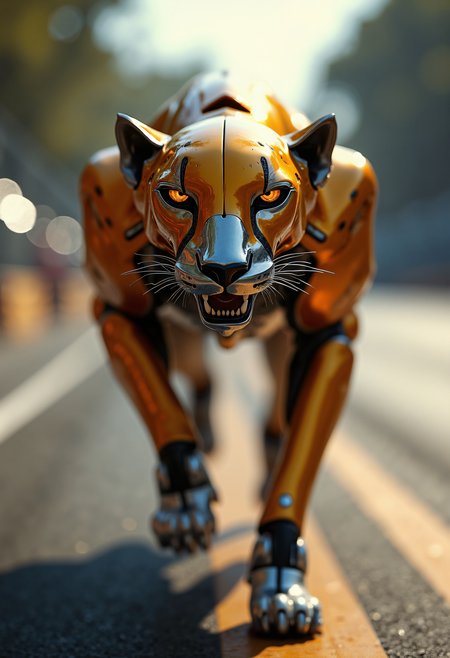Close-up canted angle, dutch angle, dynamic portrait of the face and upper body only of a perfect tan colored smooth shiny car panels supercar in pitstop ferrari lamborghini formula 1 hybrid made entirely of fast, sleek, and shiny supercar parts, creating a cheetah shape jumping upward elegantly off its back legs toward the camera, the nostrils, metal and carbon fiber glistening under natural sunlight, tires forming the strong limbs, aerodynamic spoilers shaping the agile body, headlights glowing as intense, focused eyes, the entire skin composed of car body panels and vibrant metallic paint, engine pistons forming the powerful legs, exhaust pipes emerging from the back, roaring with potential speed, the metallic and fiberglass face a composite of aerodynamic curves and sharp edges, the mouth slightly open revealing rows of razor-sharp gears and metal teeth, carbon fiber whiskers extending from the snout, reflections emphasizing the polished metallic surfaces, clean expensive looking parts,  hints of burning rubber and fuel, the powerful stance highlighted by soft, dappled light filtering through the trees in the background, motion blur suggesting rapid movement even in stillness, the entire composition imbued with the spirit of speed and engineering precision, the scene set against a blurred background of a high-speed race track, faint outlines of other supercars whizzing by, natural warm lighting reflecting off the glossy reflective surfaces, giving an almost futuristic sheen to the cheetah's form, the image captures the essence of speed and power, with a touch of futuristic whimsy, an imposing and sleek presence, the reflective eyes looking directly at the camera in a wildlife-style photograph.