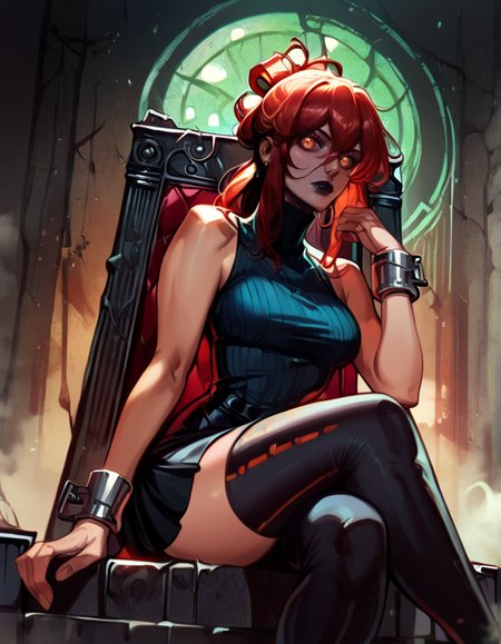 score_9, score_8_up, score_7_up,     detailed background, realistic lighting, sitting on throne, 
1 girl, detailed eyes,slim and fit, solo, dynamic pose,  mature adult female,
Kydra, red hair, hair glow, dark lips, sleeveless turtleneck, skirt, thigh highs, metal cuffs, 
<lora:Kydra-000010:0.7>,
 <lora:Pony - Style - Reiq:1>