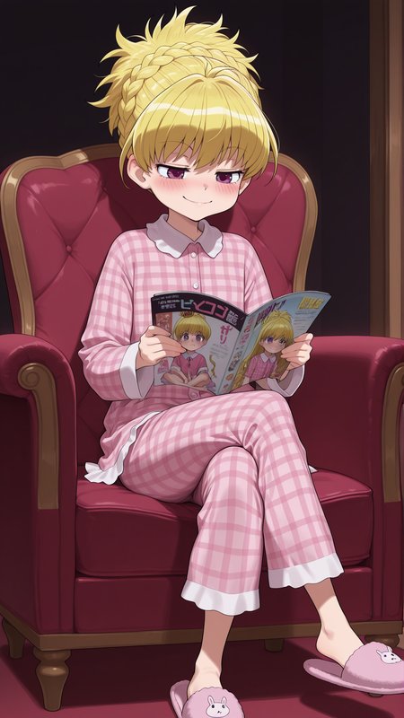 masterpiece, best quality, amazing quality, 1girl, solo,  <lora:IlluBiscuit:1> illubiscuit, purple eyes, blonde hair, crown braid, plaid pajamas, sitting, armchair, indoors, reading, magazine \(object\), holding, blush, smile, naughty face, crossed legs, slippers, dark background,