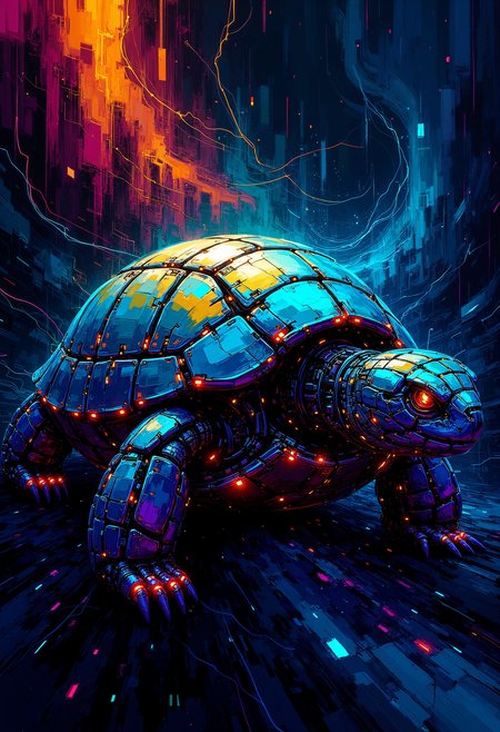 a vibrant, art splash digital painting of a bo-cyborgsplash turtle. The turtle's shell, once smooth, is now a fractured mosaic of metallic plates, shimmering with iridescent blues, greens, and purples. Glitches ripple across its surface, like static electricity dancing erratically. Tiny, glowing red LEDs pulse within the gaps of its armor, creating a mesmerizing effect. The background is a swirling vortex of digitized color, with streaks of burnt sienna and electric blue that bleed into each other in a chaotic yet strangely beautiful pattern. Distorted lines and fragmented shapes are overlaid, hinting at a digital malfunction. The overall impression is one of both alien beauty and technological decay, with the clash of futuristic and organic elements. The light source is an ethereal, internal glow emitting from within the cyborg turtle.<lora:boFLUX Cyborgsplash.safetensors:0.8:0.8>